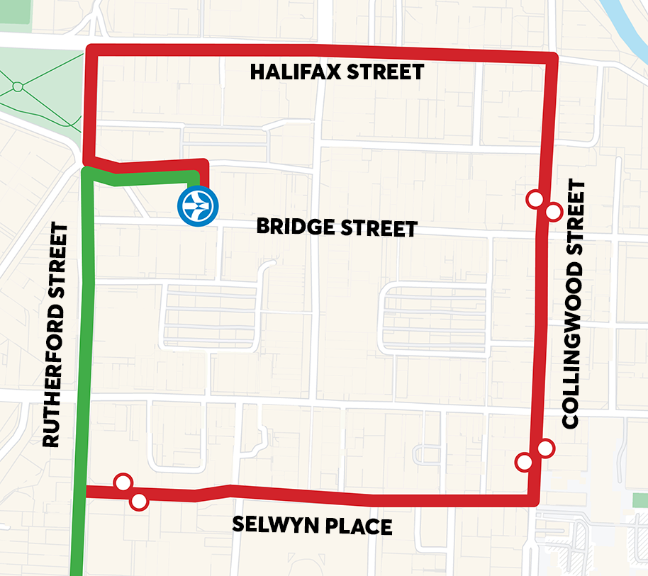 Map of Nelson CBD showing bus stops on Selwyn Pland and Collingwood Street will be closed during the Mask Carnivale.